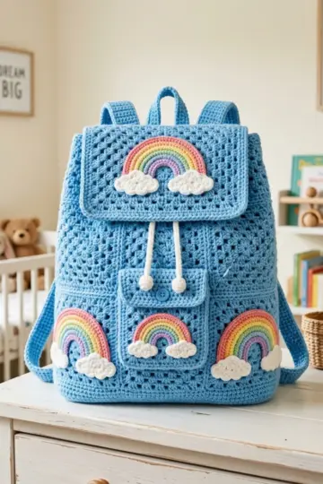 Sky Blue Cloud Rainbow Backpack Free Crochet Pattern