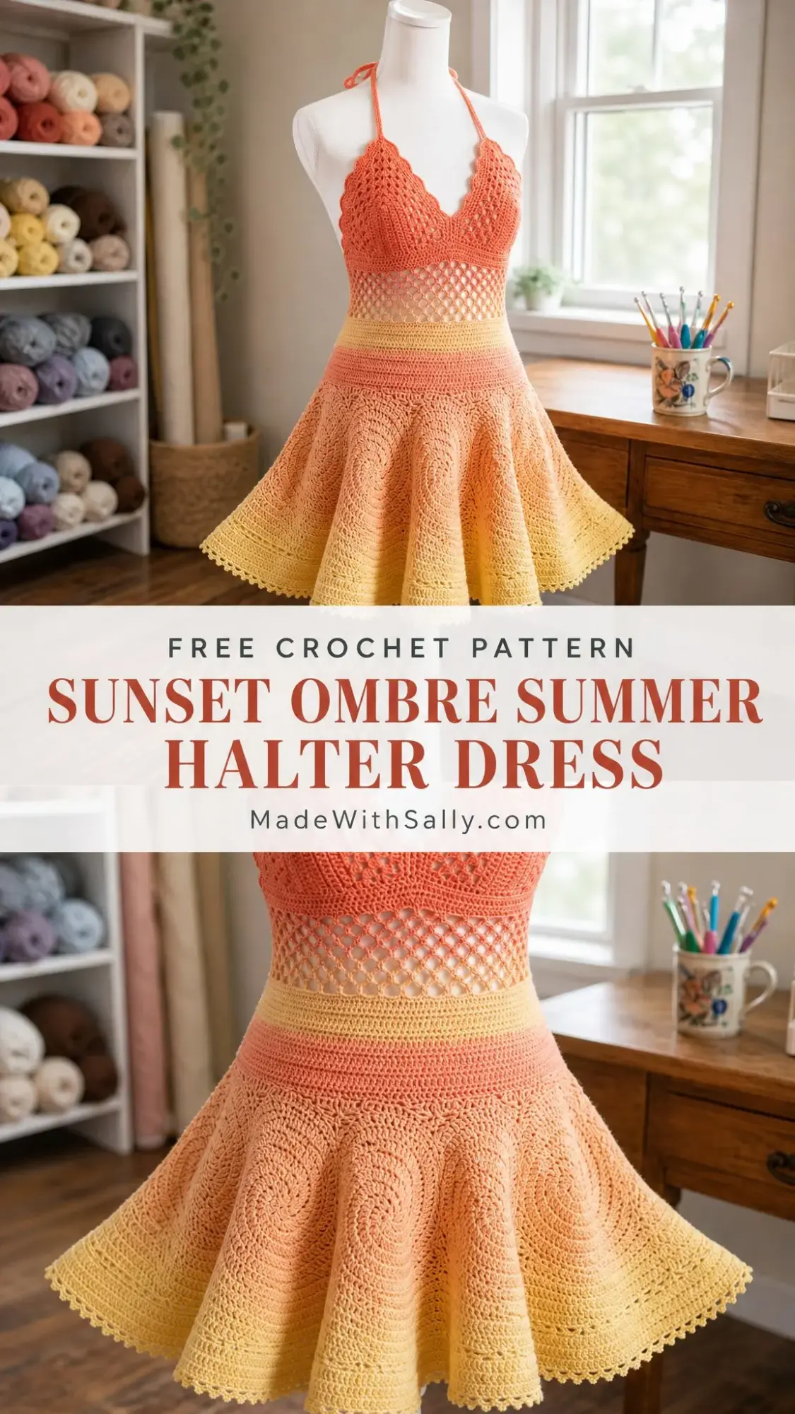 Sunset Ombre Summer Halter Dress Free Crochet Pattern