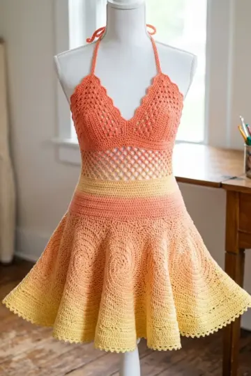 Sunset Ombre Summer Halter Dress Free Crochet Pattern