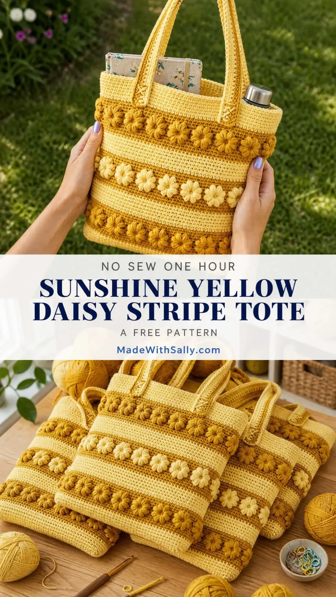 Sunshine Yellow Daisy Stripe Tote Free Crochet Pattern