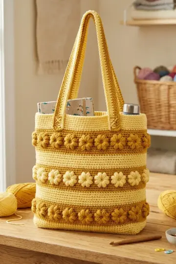 Sunshine Yellow Daisy Stripe Tote Free Crochet Pattern