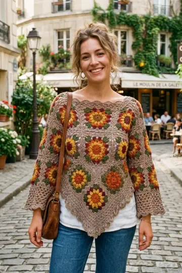 Autumn Harvest Floral Square Poncho Free Crochet Pattern