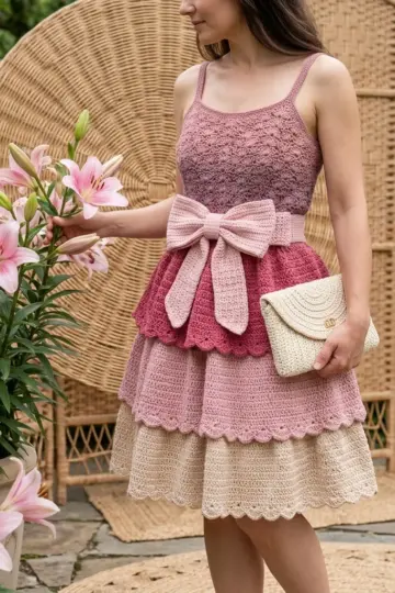 Berry Blush Tiered Bow Dress Free Crochet Pattern