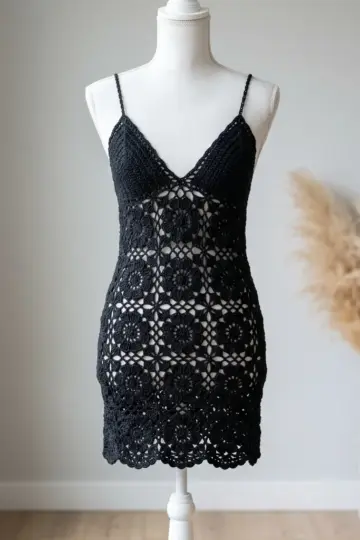 Black Lace Granny Square Mini Dress Free Crochet Pattern