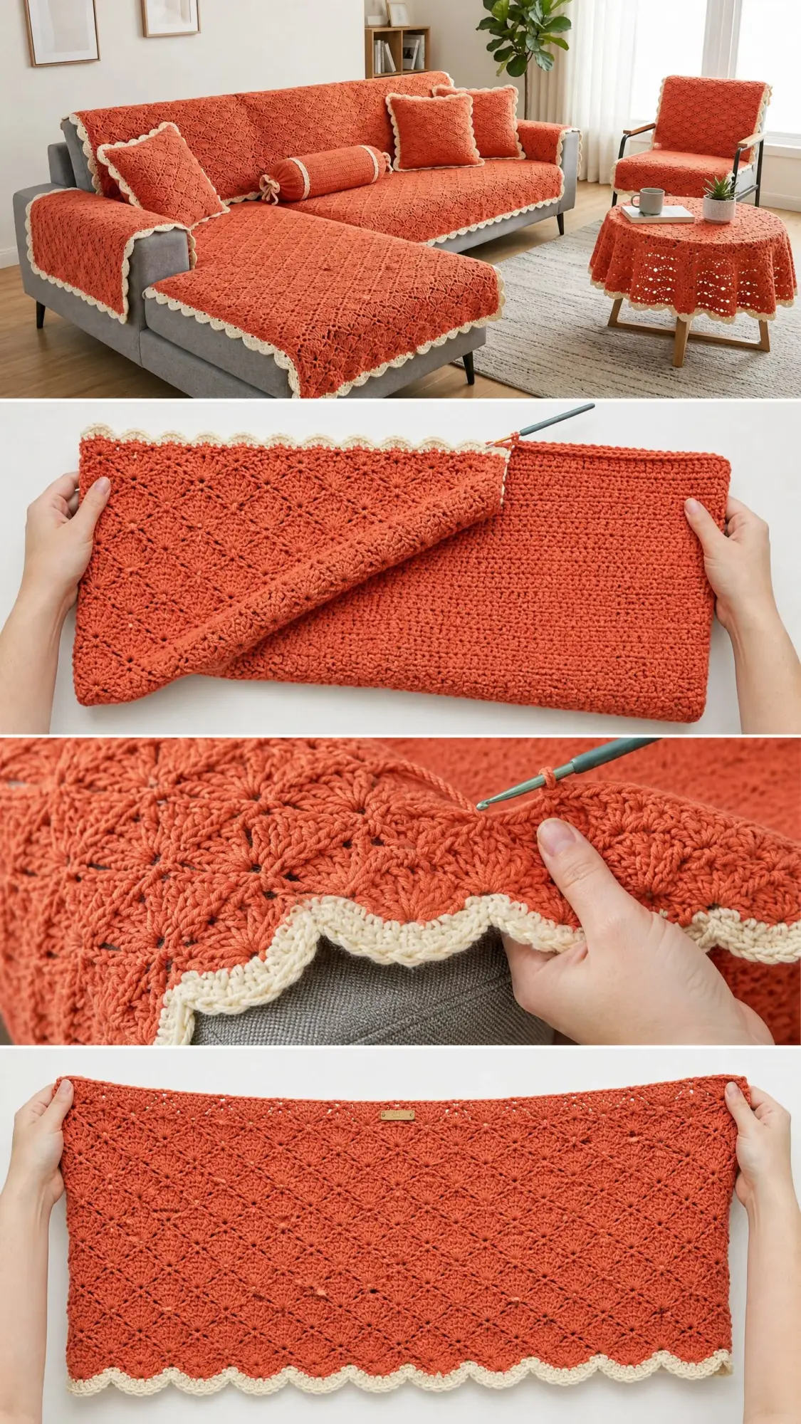 Coral Fan Stitch Sofa Cover Set Free Crochet Pattern