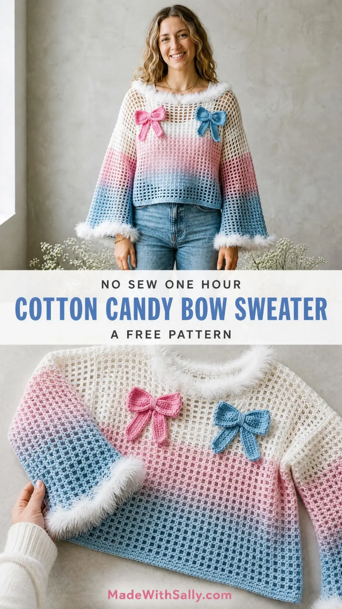 Cotton Candy Blue Pink Bow Sweater Free Crochet Pattern