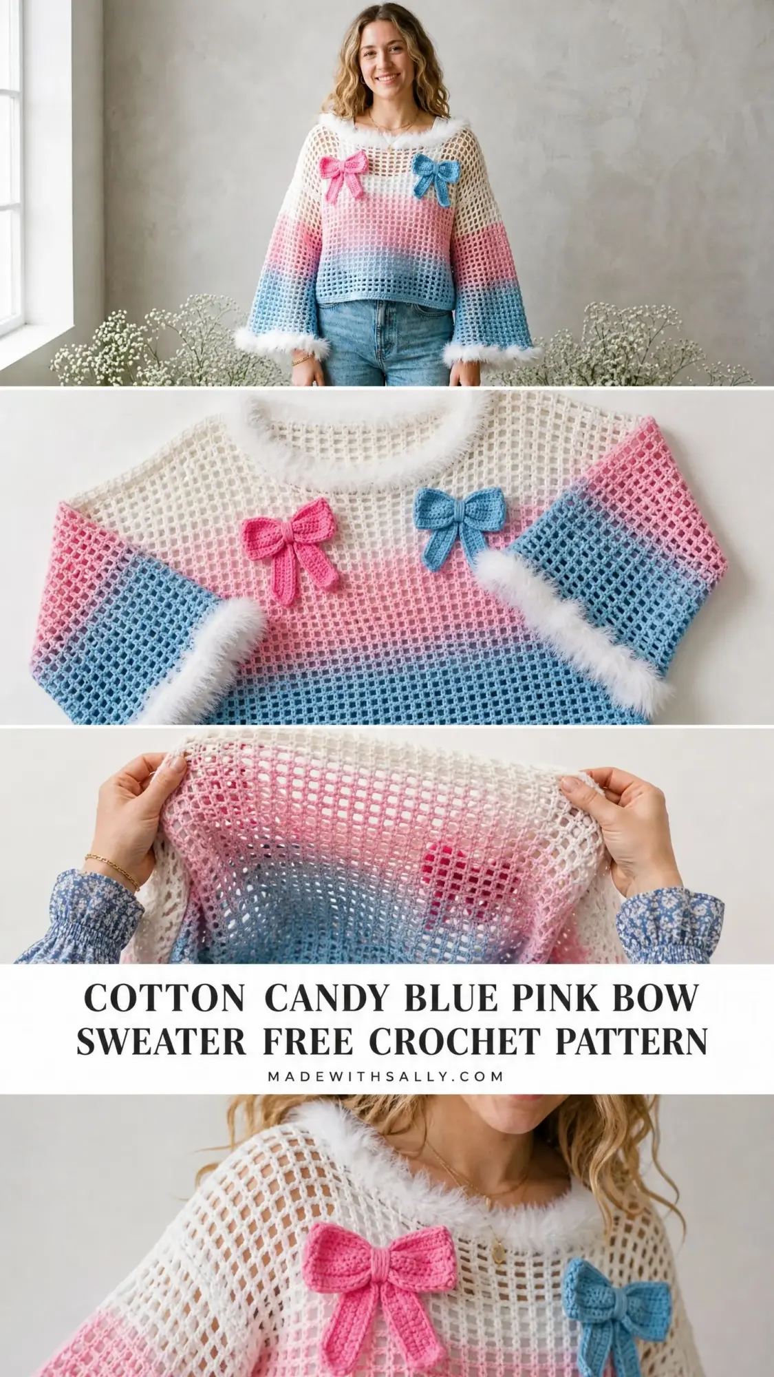Cotton Candy Blue Pink Bow Sweater Free Crochet Pattern
