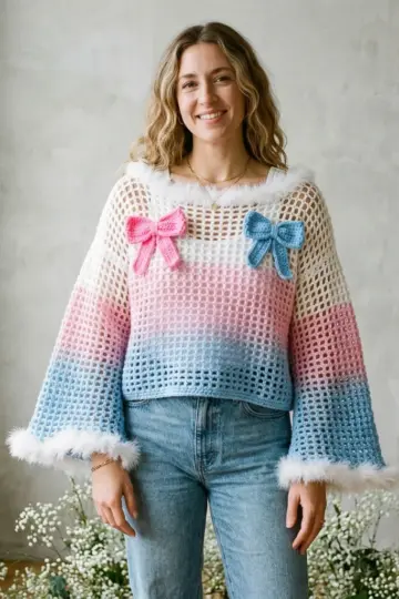 Cotton Candy Blue Pink Bow Sweater Free Crochet Pattern