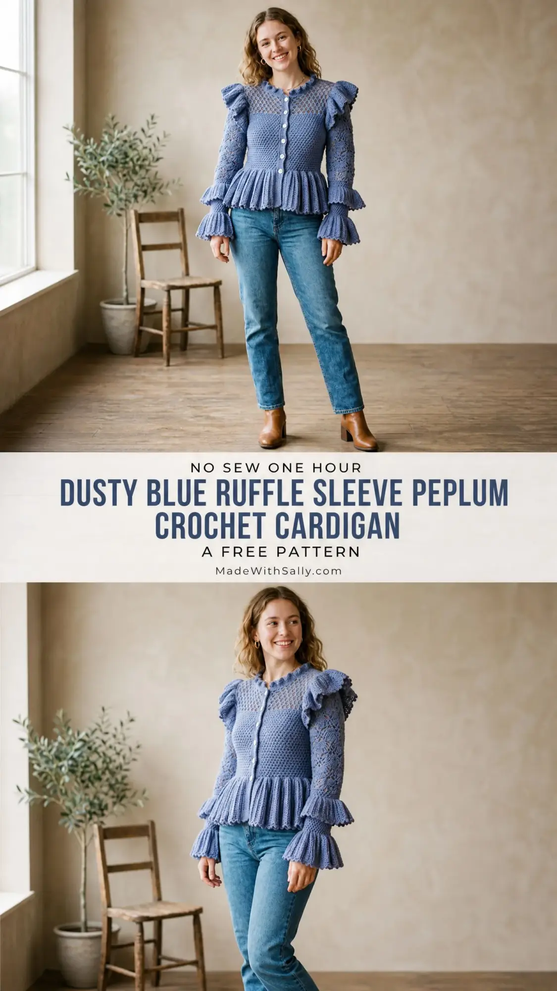 Dusty Blue Ruffle Sleeve Peplum Crochet Cardigan