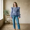 Dusty Blue Ruffle Sleeve Peplum Crochet Cardigan