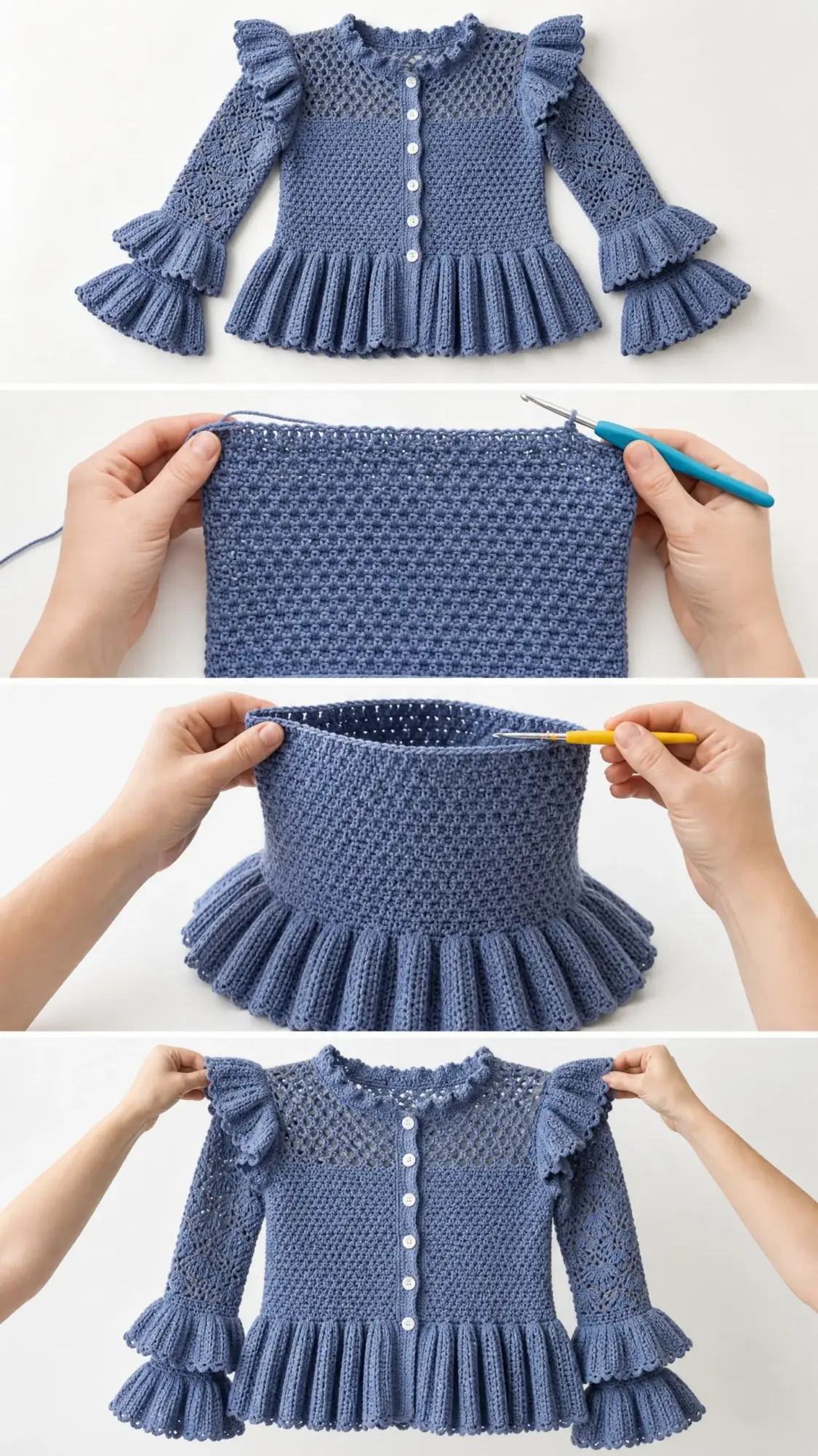 Dusty Blue Ruffle Sleeve Peplum Crochet Cardigan