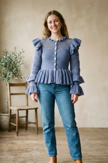 Dusty Blue Ruffle Sleeve Peplum Crochet Cardigan