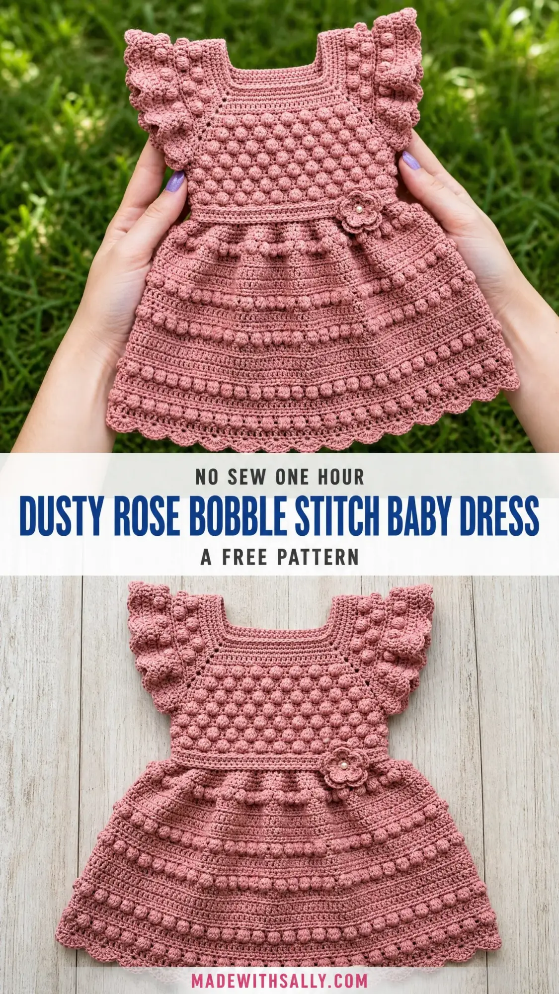 Dusty Rose Bobble Stitch Baby Dress Free Crochet Pattern