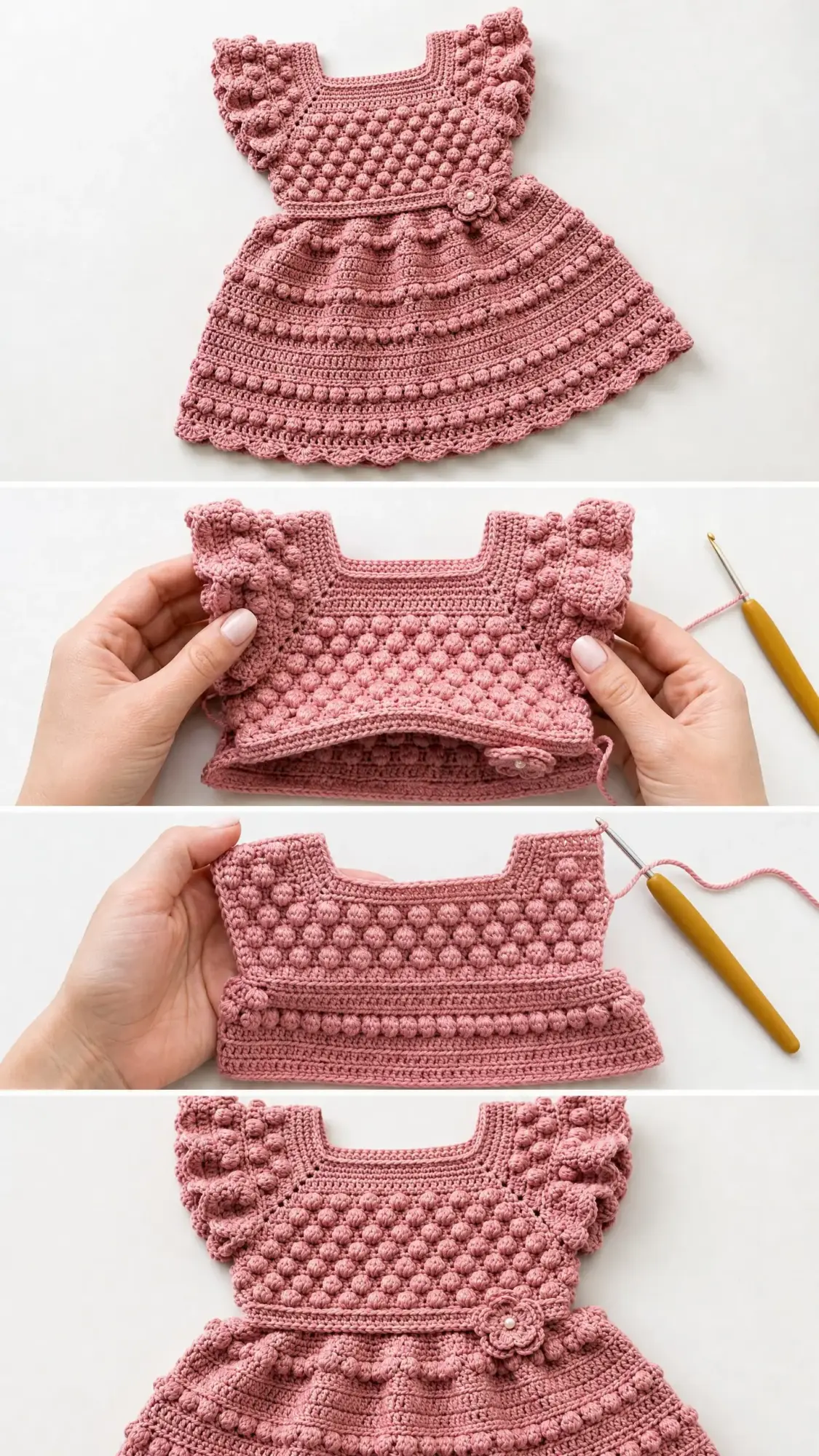 Dusty Rose Bobble Stitch Baby Dress Free Crochet Pattern