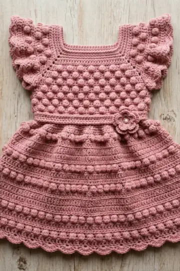 Dusty Rose Bobble Stitch Baby Dress Free Crochet Pattern
