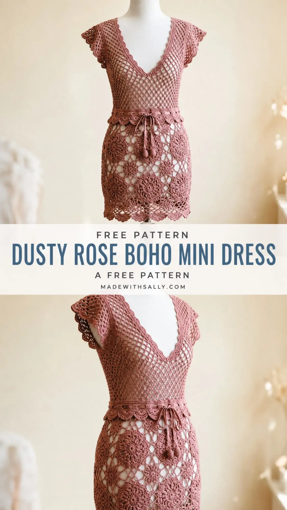 Dusty Rose Boho Mini Dress Free Crochet Pattern