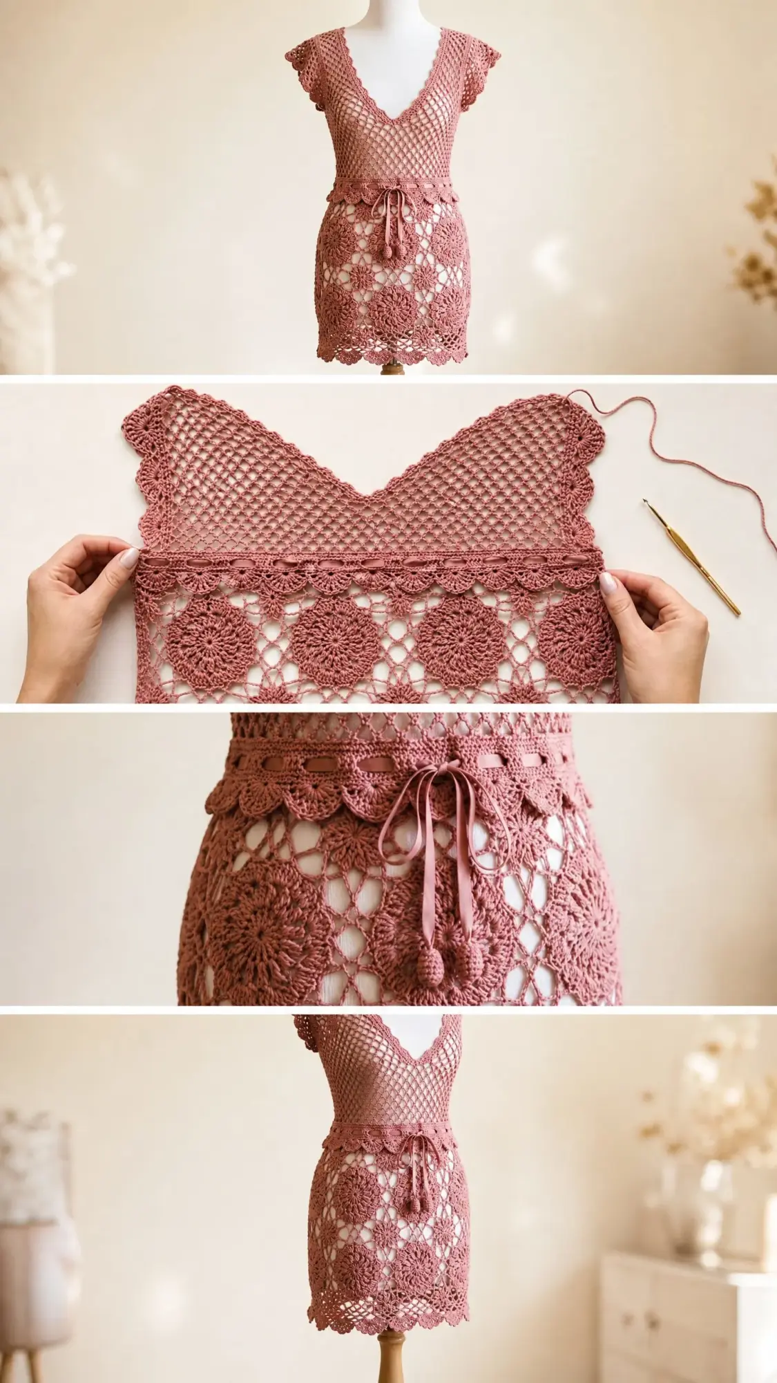 Dusty Rose Boho Mini Dress Free Crochet Pattern