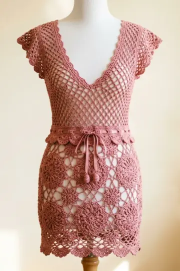 Dusty Rose Boho Mini Dress Free Crochet Pattern