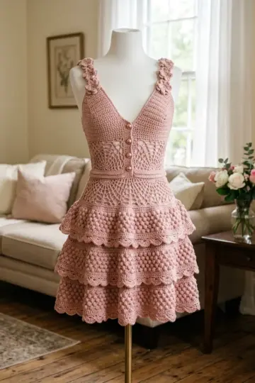 Dusty Rose Romantic Tiered Dress Free Crochet Pattern
