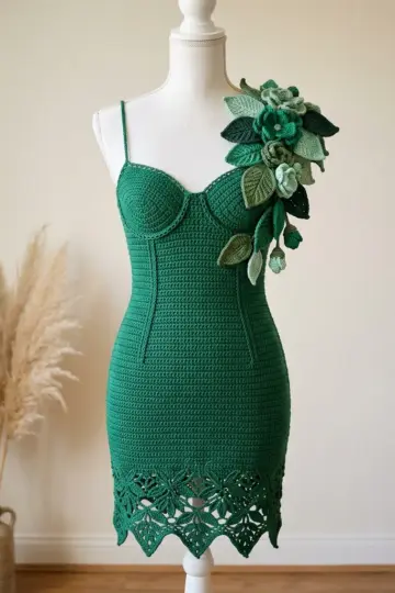 Emerald Garden Floral Shoulder Dress Free Crochet Pattern