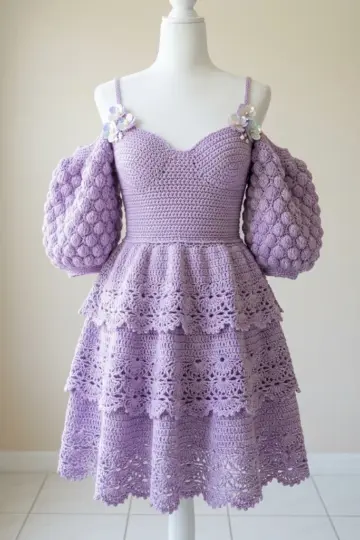 Lavender Fairy Tiered Puff Sleeve Dress Free Crochet Pattern