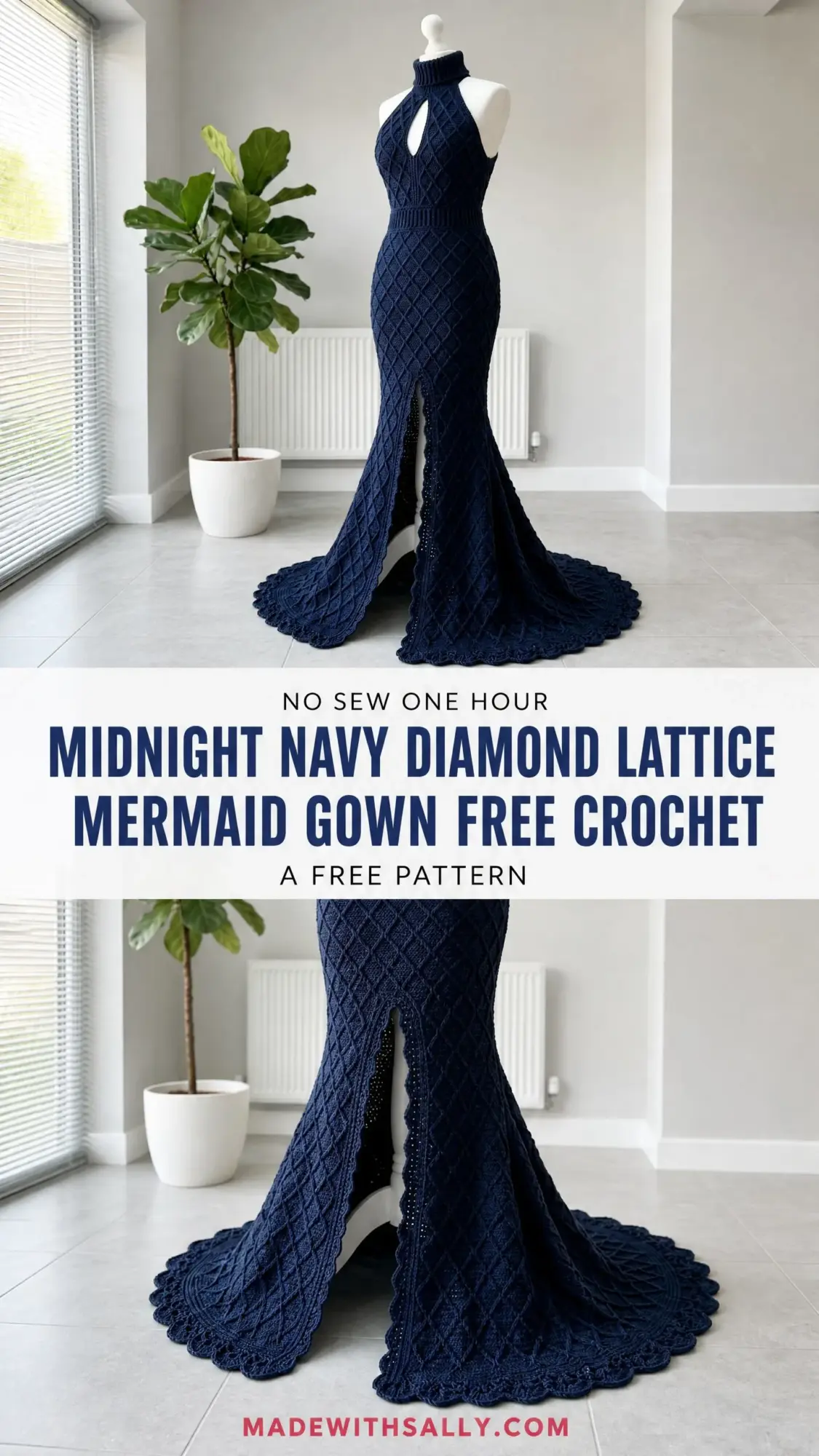 Midnight Navy Diamond Lattice Mermaid Gown Free Crochet Pattern