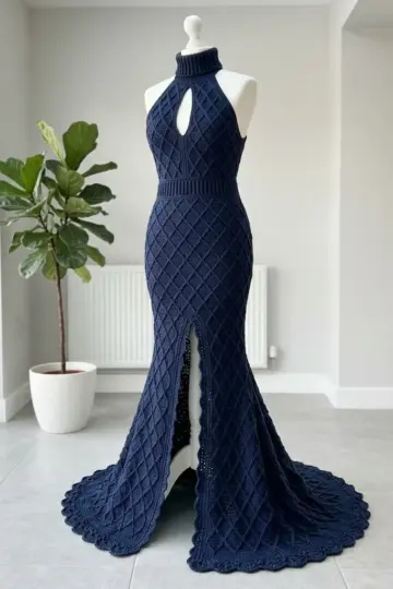 Midnight Navy Diamond Lattice Mermaid Gown Free Crochet Pattern