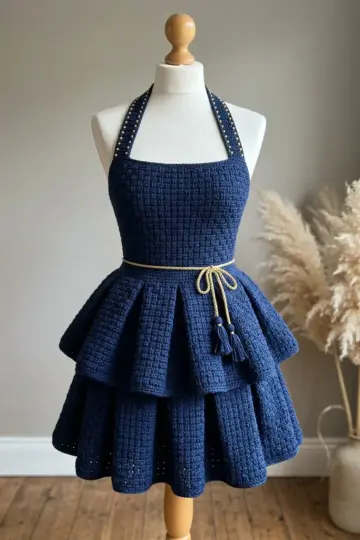 Navy Blue Elegant Peplum Dress Free Crochet Pattern
