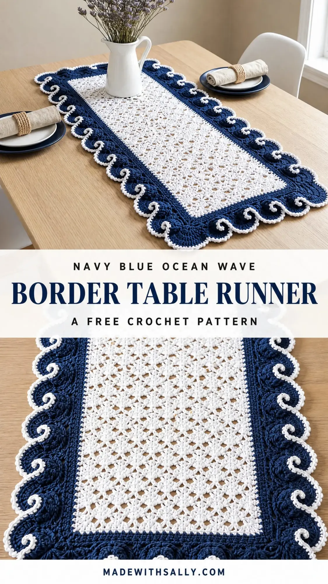 Navy Blue Ocean Wave Border Table Runner Free Crochet Pattern