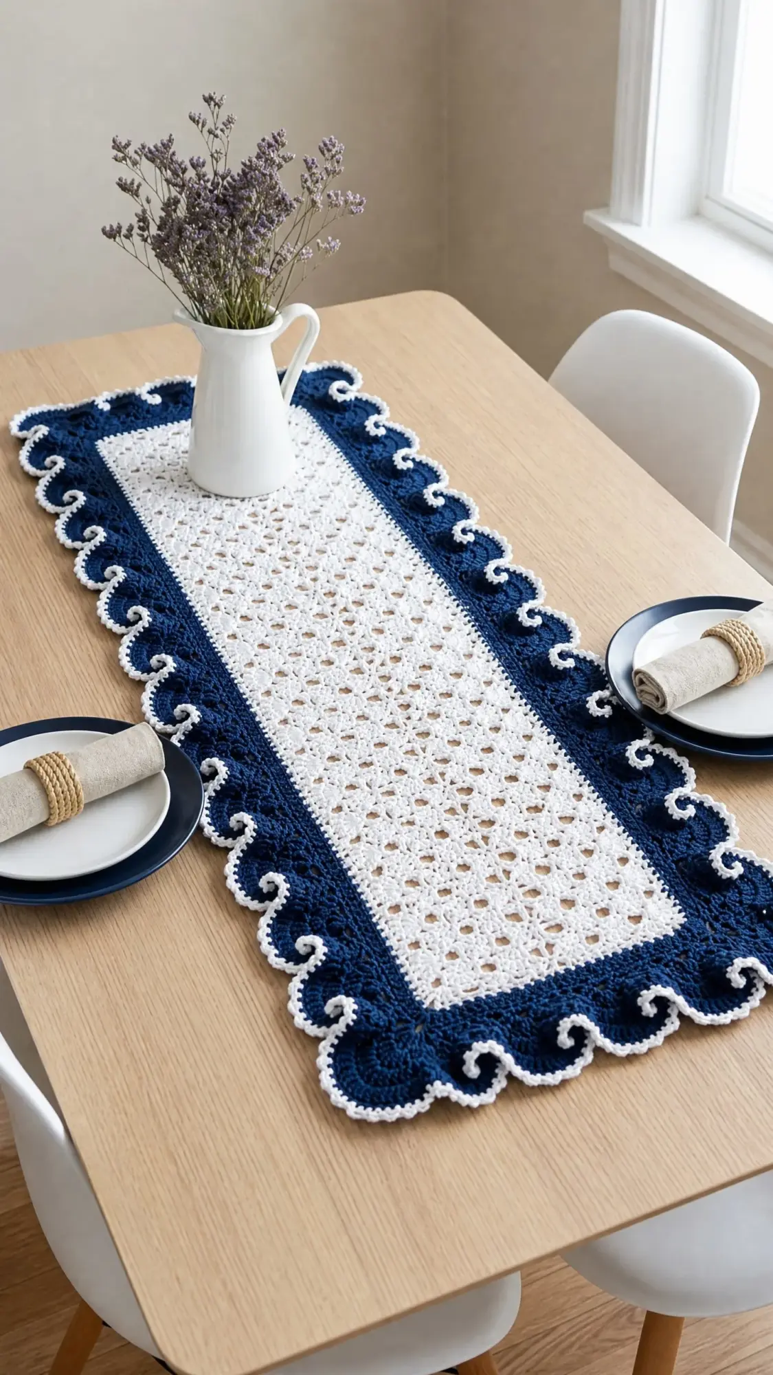 Navy Blue Ocean Wave Border Table Runner Free Crochet Pattern