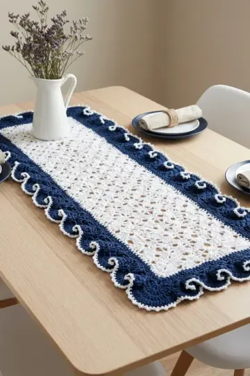 Navy Blue Ocean Wave Border Table Runner Free Crochet Pattern