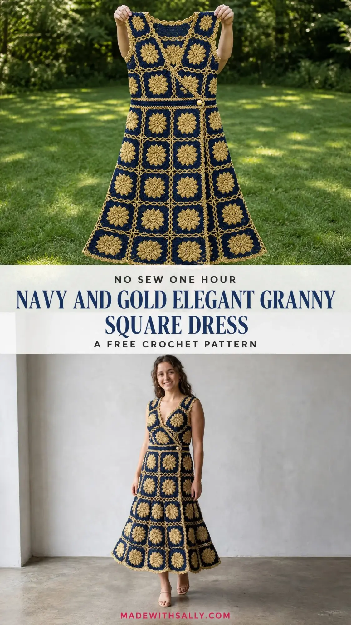 Navy and Gold Elegant Granny Square Dress Free Crochet Pattern