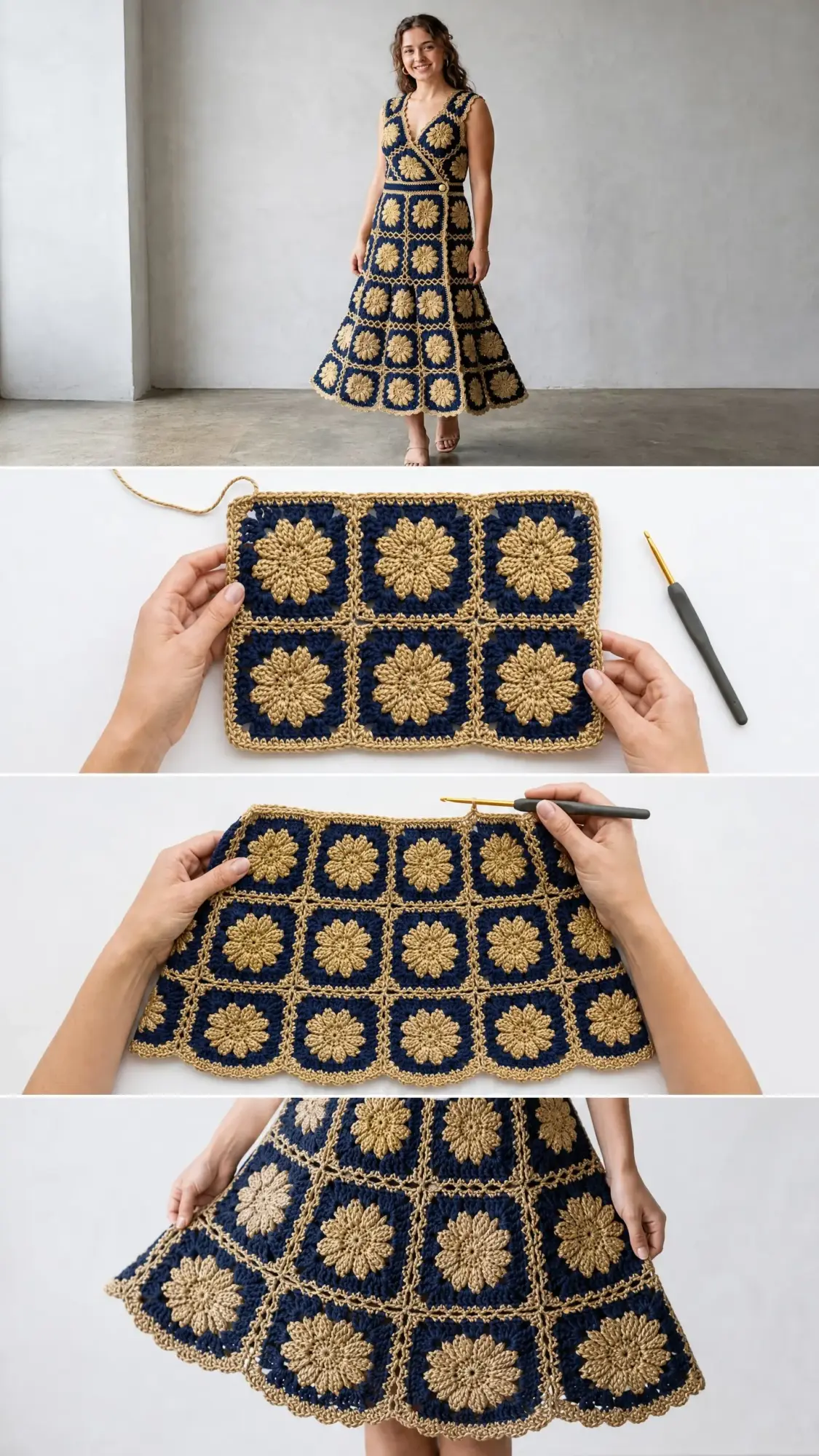Navy and Gold Elegant Granny Square Dress Free Crochet Pattern