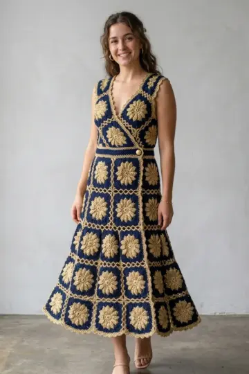 Navy and Gold Elegant Granny Square Dress Free Crochet Pattern