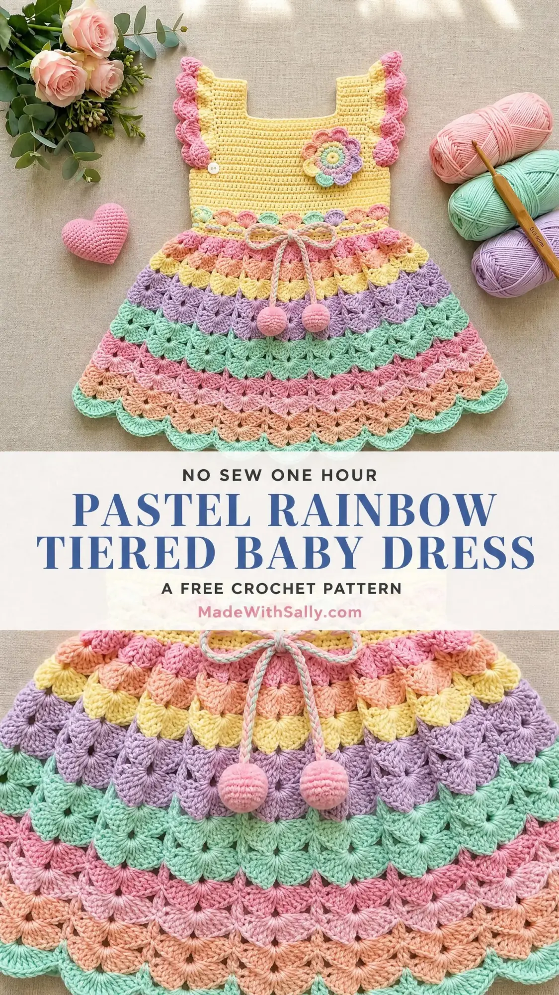 Pastel Rainbow Tiered Baby Dress Free Crochet Pattern