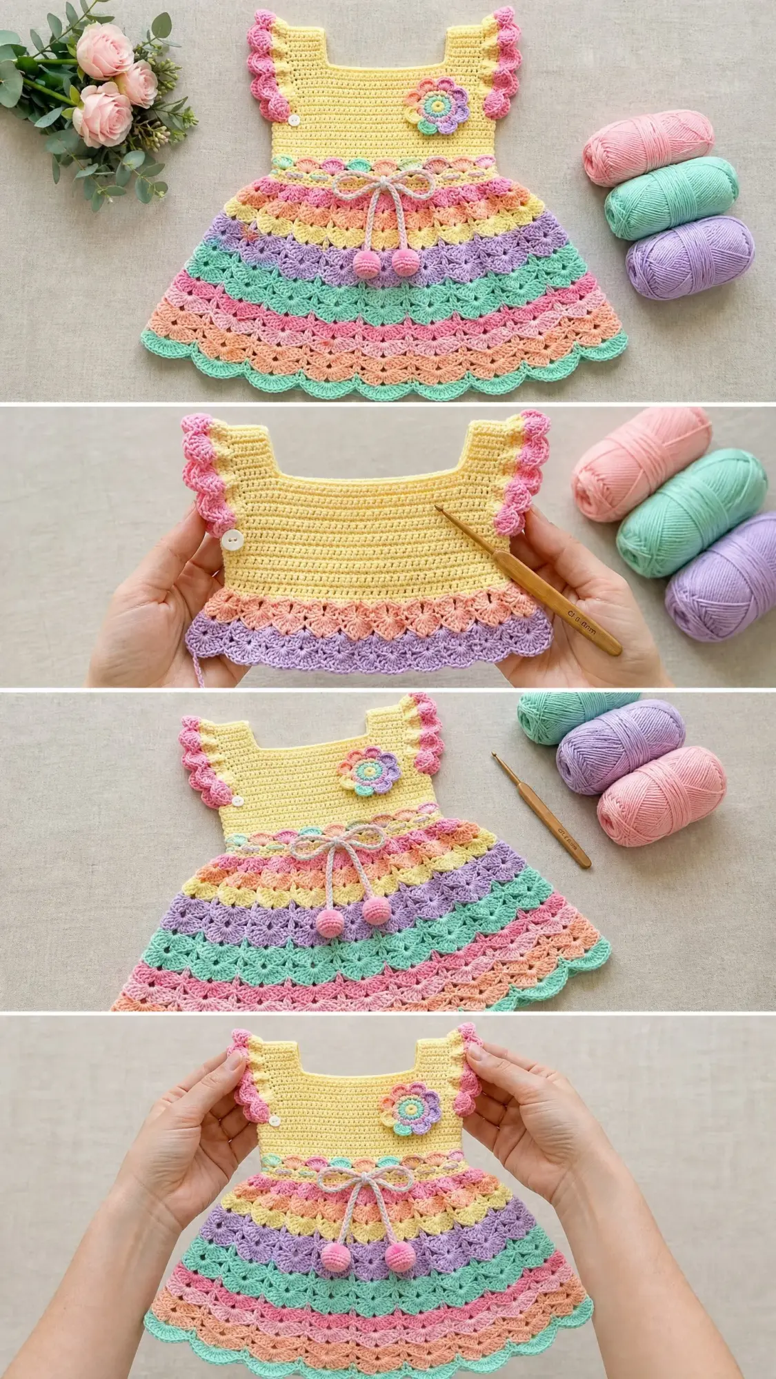 Pastel Rainbow Tiered Baby Dress Free Crochet Pattern