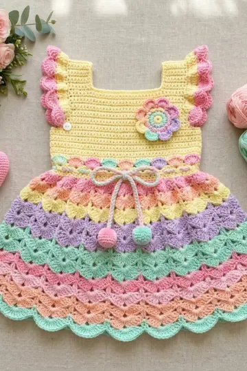 Pastel Rainbow Tiered Baby Dress Free Crochet Pattern