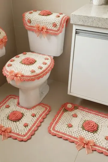 Peach Rose Bathroom Set Free Crochet Pattern