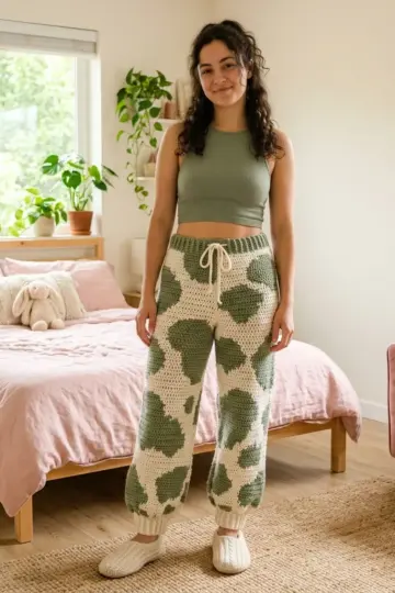Sage Green Cow Spot Crochet Pants Pattern
