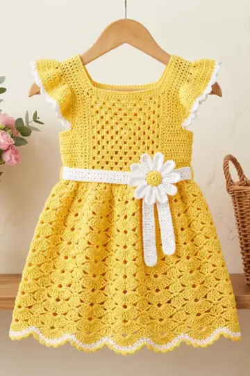 Sunny Yellow Daisy Baby Dress Free Crochet Pattern