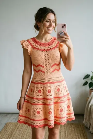 Sunset Coral Tiered Lace Dress Free Crochet Pattern