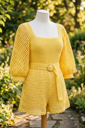 Sunshine Yellow Belted Playsuit Free Crochet Pattern