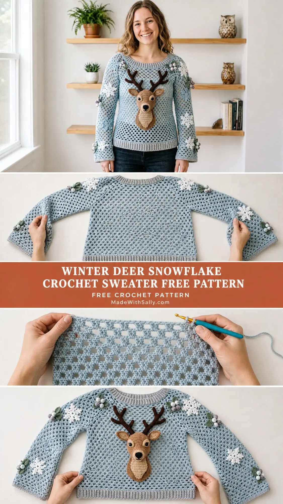 Winter Deer Snowflake Crochet Sweater Free Pattern