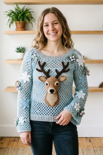 Winter Deer Snowflake Crochet Sweater Free Pattern