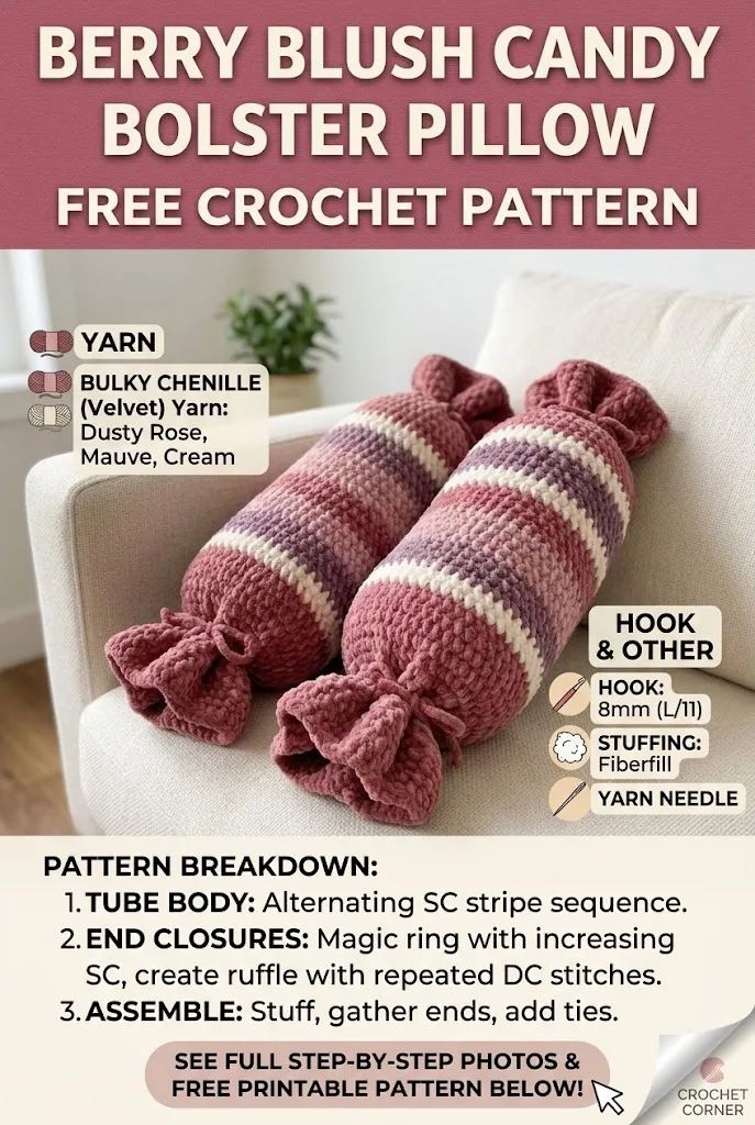 Berry Blush Candy Bolster Pillow Free Crochet Pattern
