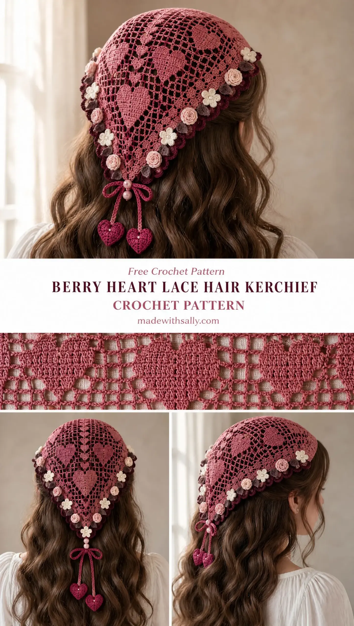Berry Heart Lace Hair Kerchief Crochet Pattern
