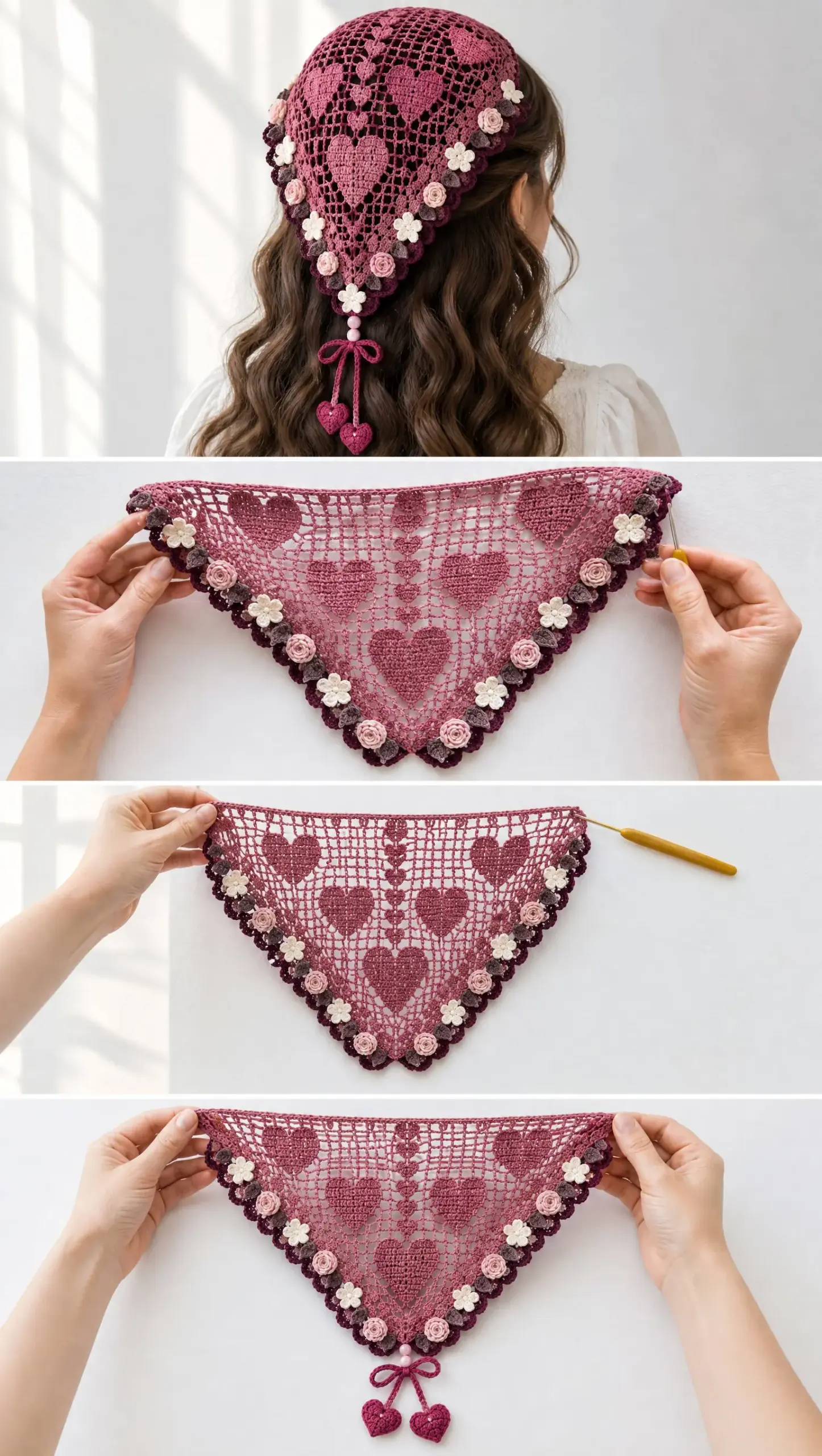 Berry Heart Lace Hair Kerchief Crochet Pattern