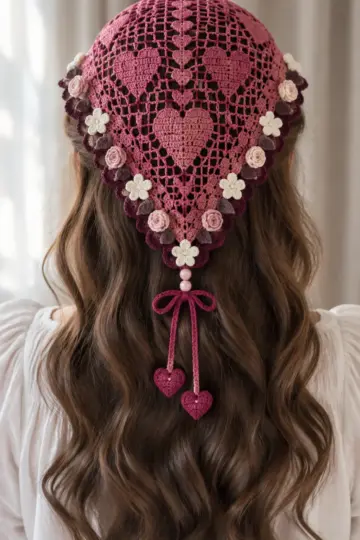 Berry Heart Lace Hair Kerchief Crochet Pattern