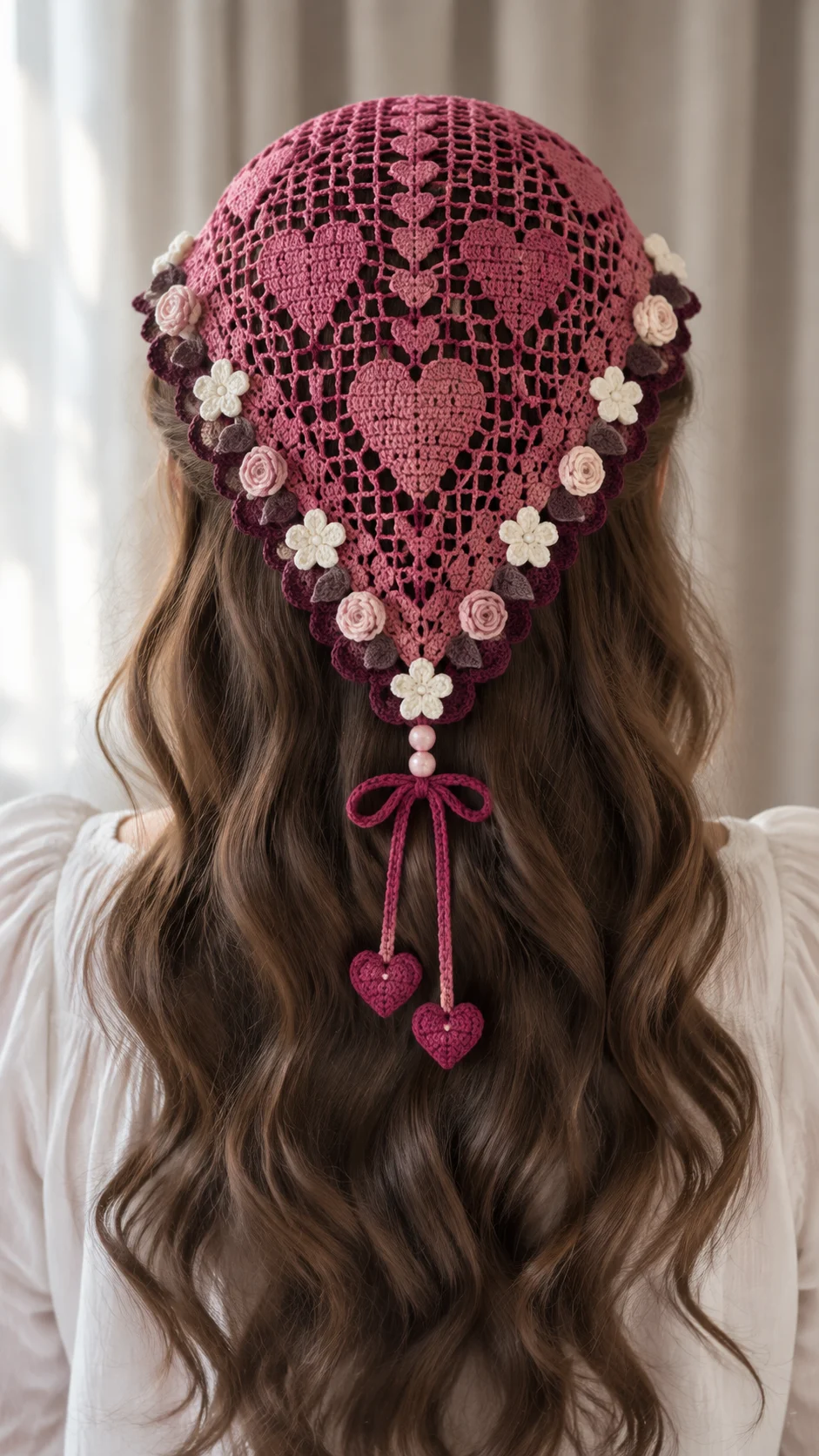 Berry Heart Lace Hair Kerchief Crochet Pattern