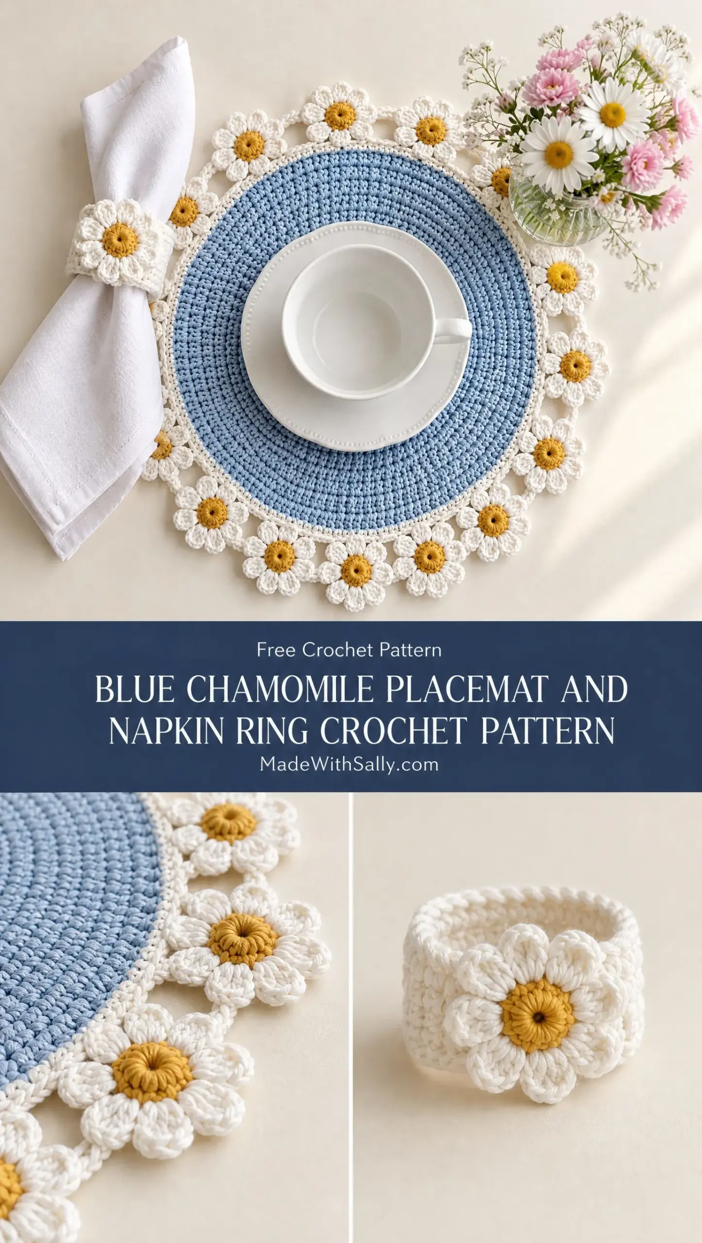 Blue Chamomile Placemat and Napkin Ring Crochet Pattern